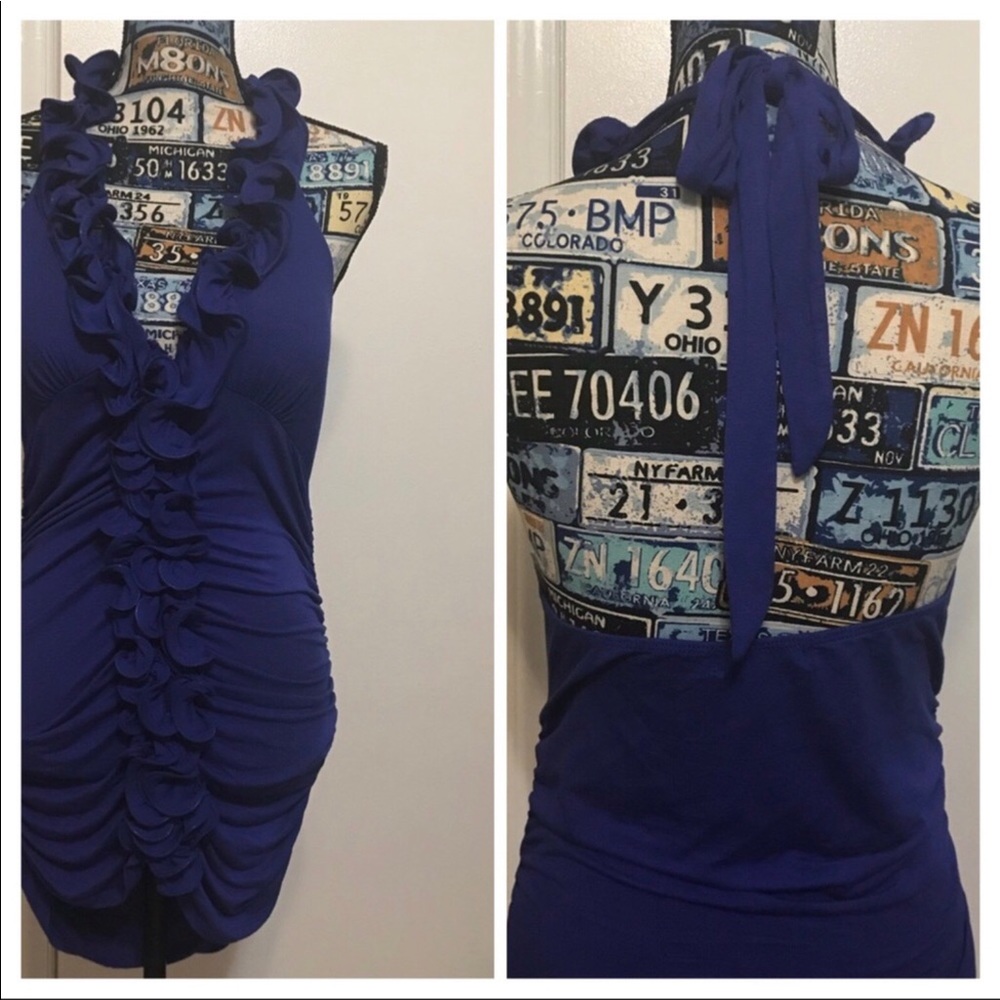 Like New Spaghetti Cocktail Blue Soft halter Dress with ruching & tie ne…